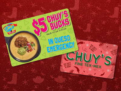 Chuy's $5 Gift Cards are a perfect choice for this upcoming holiday season